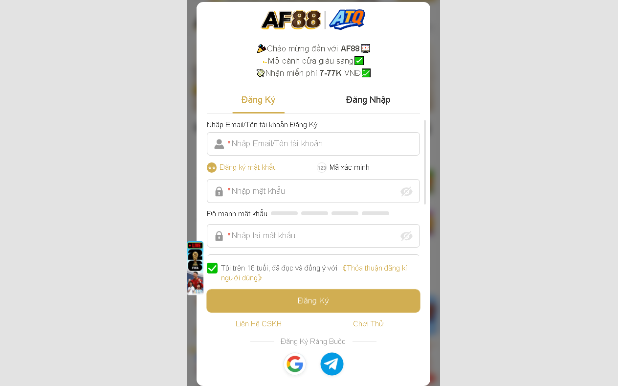 Hướng Dẫn Đăng Ký AF88 Chi Tiết Từ A-Z Cho Người Mới Form đăng ký tài khoản tại nhà cái AF88